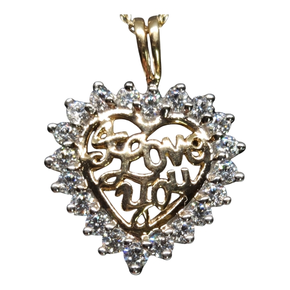 I Love You 10K Yellow Gold Heart Pendant with CZ Crystals Accent Gift For Her